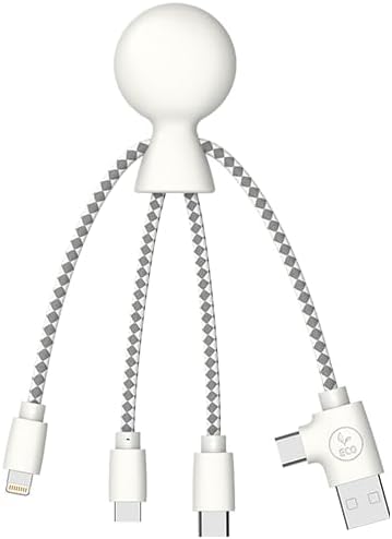 Multi USB Cable 4 in 1 - Universal Charger Made from Recycled Plastic - USB, USB-C, Lighting, Micro USB Ports - Compatible with All Smartphones Mr Bio White Octopus