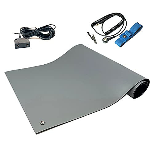 RubberStat Dual Layer ESD Compliant Workstation Rubber Table Mat Kit, Soldering, Cell Phone Repair, with Wrist Strap Set and Ground Cord - 36"x48" Grey