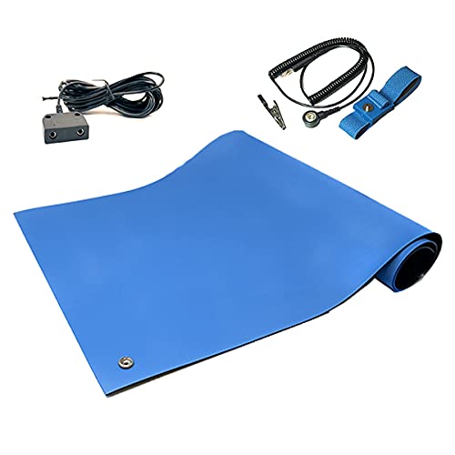 RubberStat Dual Layer ESD Compliant Workstation Rubber Table Mat Kit, Soldering, Cell Phone Repair, with Wrist Strap Set and Ground Cord - 36"x72" Royal Blue