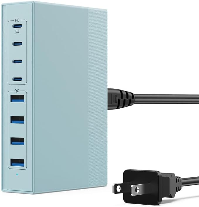 Light Blue 8-in-1 GaN III USB C Charger Hub - 65W PD Laptop Charger & Travel Adapter for MacBook Pro/Air, Dell XPS, iPhone 16/15/14, iPad, Galaxy S24