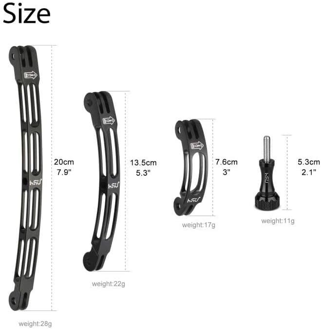 HSU Aluminum Alloy Curved Extension Arm Kit Metal Pole Mount Helmet Stick Extension Arm Mount for GoPro Hero 13/12/11/10/9/8/7/6 Black, DJI Osmo Action and More Action Cameras (7.9”/5.3”/3”) (Black)