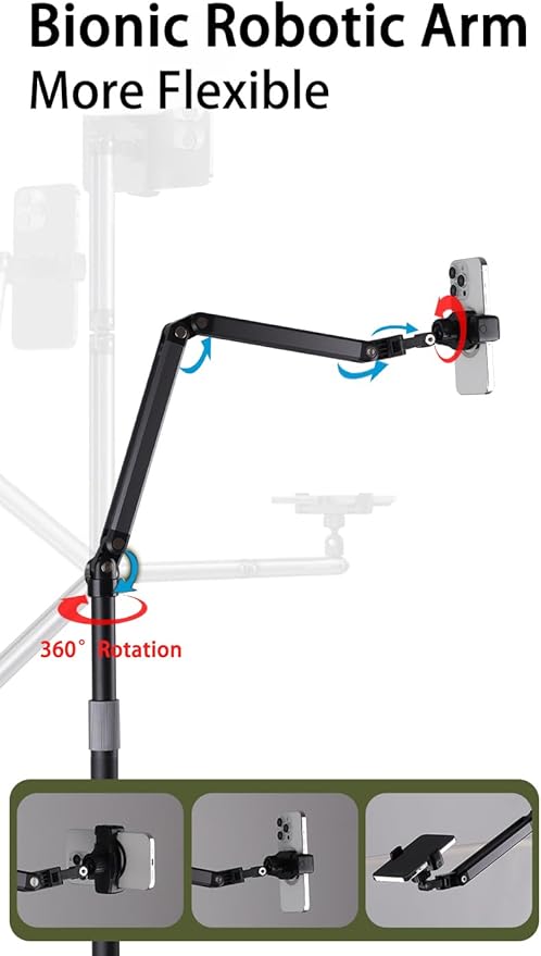 Phone Floor Stand for Recording Cell Phone Holder for Bed, Adjustable Tall Stand with Ultra-Long Extension Arm, 360° Swivel, Compatible with iPhone Samsung and More