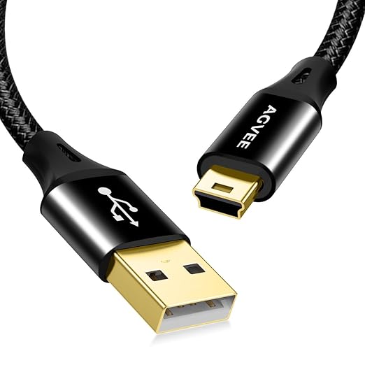 AGVEE 10ft Mini USB Cable, Braided Durable USB-A to Mini-B Charger Charging Cord for TI-84, Garmin GPS, Go-Pro Hero 4 3 2 HD, PS3 Controller, Canon Camera, Blue Yeti Microphone, Black