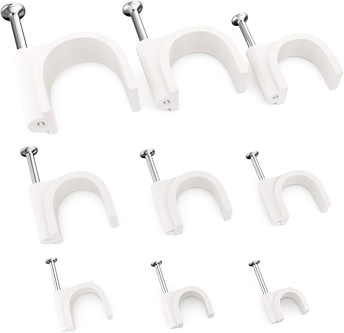 Pro-Grade, Cable Clips with Steel Nails 4mm - 14mm Wire Holders and Tacks in 9 sizes, 100 Per Size. Durable, UV Resistant Plastic Clips Help Organize Coax, Ethernet, Cat5, Cat6 and Other Cords.