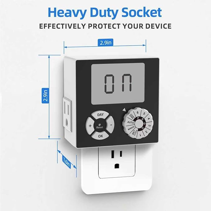 TiFFCOFiO Indoor Mechanical Outlet Timer, 3 Prong Timers for Electrical Outlets, 24-Hour Programmable Plug in Light Timer, ETL Listed (Digital, 1 Pack)