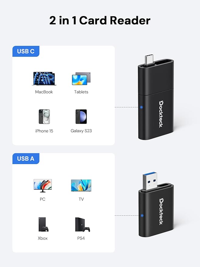 SD Card Reader, Dockteck USB 3.0 Card Reader to Micro SD Card Adapter, 5G SD Memory Card Reader, USB A - C Adapter, Dual-Slot Card Reader for UHS-I SD/Micro SD/SDHC/SDXC/MMC, Support OTG for Plug&Play