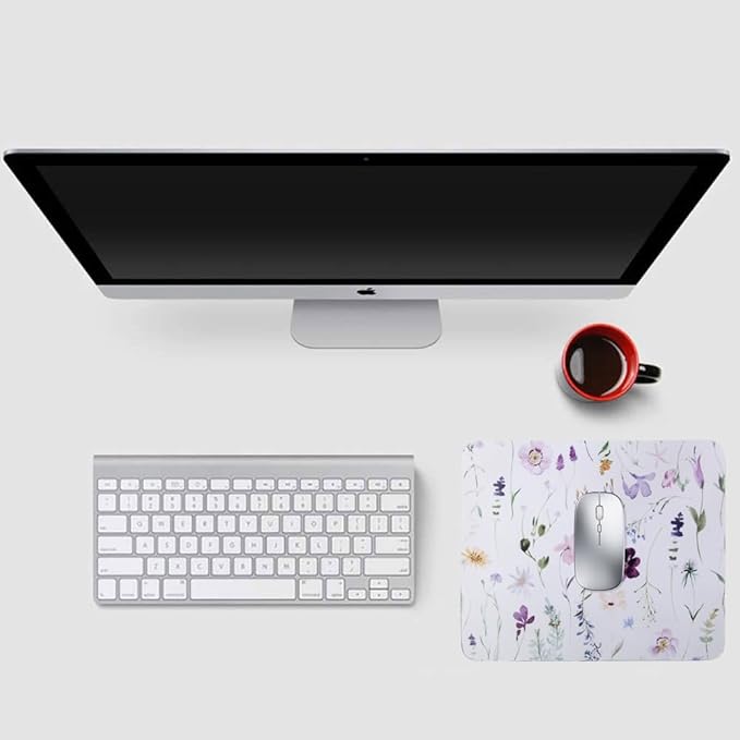 Mouse Pad, Gaming Mouse Pad, Non-Slip Rubber Base Mouse Mat with Designs for Laptop, Computer & Office, 9.5 x 7.9 x 0.12 inches (Purple Flowers)