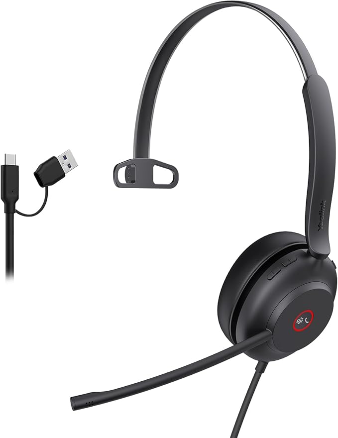 Yealink USB Wired Mono Headset,UH37 Computer Headset with Noise Cancelling Microphone,USB-A & USB-C Call Center Headset for Teams,Zoom,Computer PC Laptop