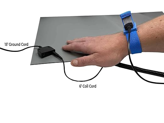 RubberStat Dual Layer ESD Compliant Workstation Rubber Table Mat Kit, Soldering, Cell Phone Repair, with Wrist Strap Set and Ground Cord - 48"x120" Grey