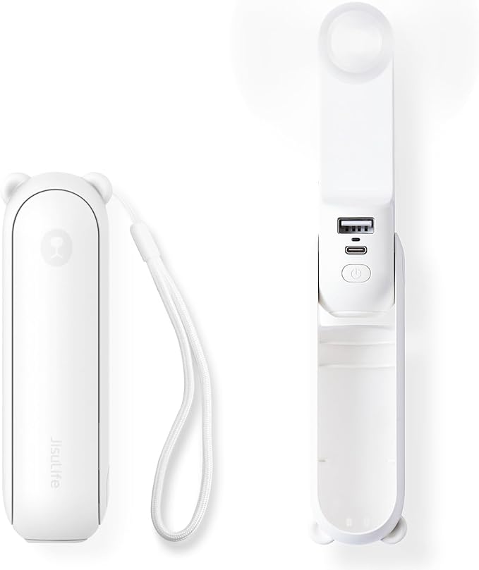 JISULIFE Handheld Mini Fan, 3 IN 1 USB Rechargeable Portable Fan [12-19 Working Hours] with Power Bank, Flashlight, Pocket Design for Travel/Summer/Concerts/Lash, Gifts for Women (White)