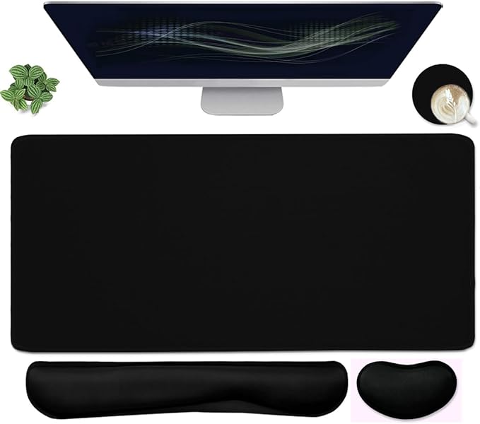 Large Mouse Pad and Keyboard Wrist Rest, Desk Pad for Keyboard and Mouse, 4-in-1 Large Gaming Mouse Pad with Wrist Support, Desk Mat for Home Office Study Game-Black