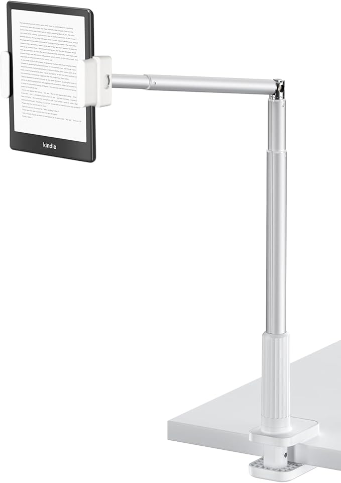 Phone Holder for Bed, 360° Rotation Cell Phone Stand, Flexible Long Arm Headboard Bedside Clip, Multi-Functional Overhead Phone Mount for 3.5-11" Phones, Tablets, Kindle, White