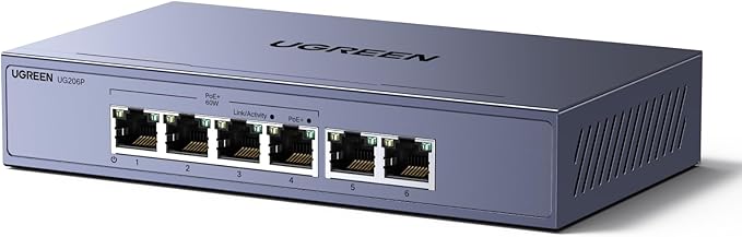 UGREEN Ethernet Switch, 6 Port PoE Switch, 4 PoE+@60W and 2 Gigabit Uplink, Plug & Play, Auto/VLAN/Extend Mode, Sturdy Metal, Desktop or Wall Mount Network Splitter Hub for Security Camera, IP Phone