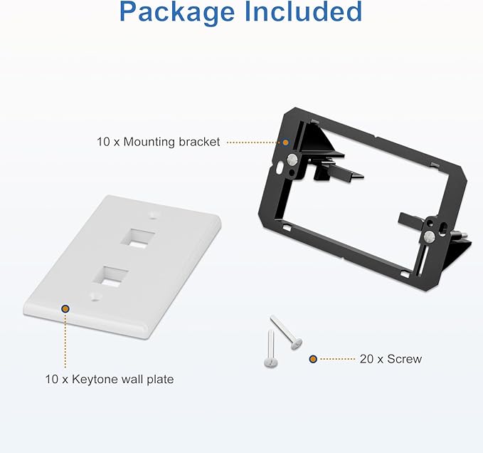 FGB 2-Port Keystone Wall Plate, with Low Voltage Mounting Bracket, with Single Gang Decorator Wall for RJ45, HDMI, and Coax Keystone Inserts, White, 10-Pack