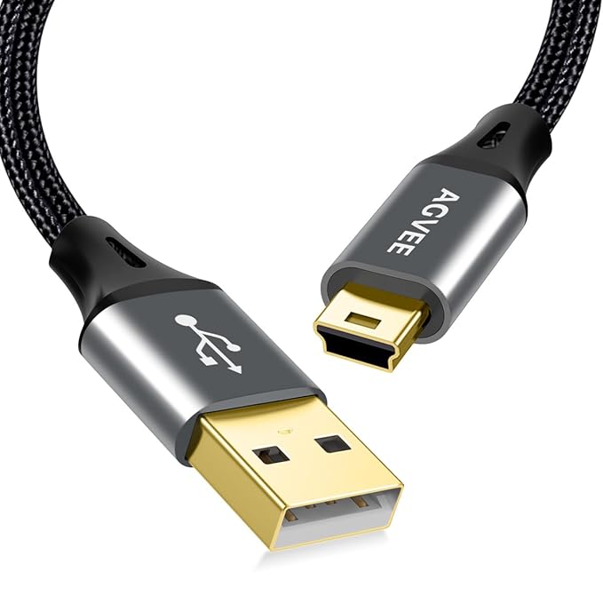 AGVEE 2 Pack 1ft Mini USB Cable, Braided Durable USB-A to Mini-B Charger Charging Cord for TI-84, Garmin GPS, Go-Pro Hero 4 3 2 HD, PS3 Controller, Canon Camera, Blue Yeti Microphone, Dark Gray
