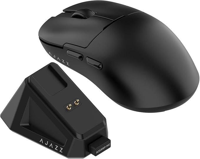 AJ159P MC Triple Mode (2.4G/Wired/Bluetooth 5.2) Gaming Mouse, 12000 DPI, 56g Ultra-Light, Magnetic RGB Charging Dock, Programmable 6 Buttons, Ergonomic Design for Computer Laptop PC, Black