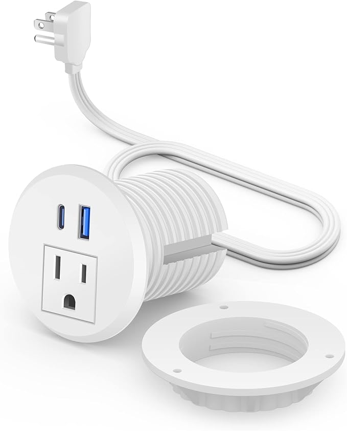 2 inch Desk Power Grommet with PD 20W USB C,Ultra-Flat Plug Power Strip,Recessed Outlet,Desktop Power Grommet for Office PC Desk Cable Cord Cover,Table Outlets for Home, Office,6 ft Cable(White)