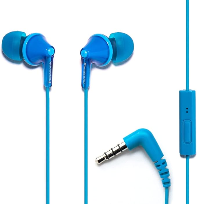 Panasonic ErgoFit Wired Earbuds With Microphone, 3.5mm Jack Wired Headphones with Mic and Call Controller, Ergonomic Custom-Fit Earpieces (S/M/L), for Phones and Laptops - RP-TCM125-A (Blue)