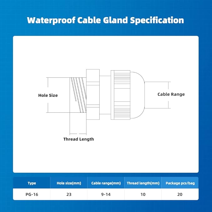 Cable Gland 20 Pack Plastic Waterproof Adjustable Connector 9-14mm PG16 Strain Relief Cord Connectors Joints Nylon with Gaskets