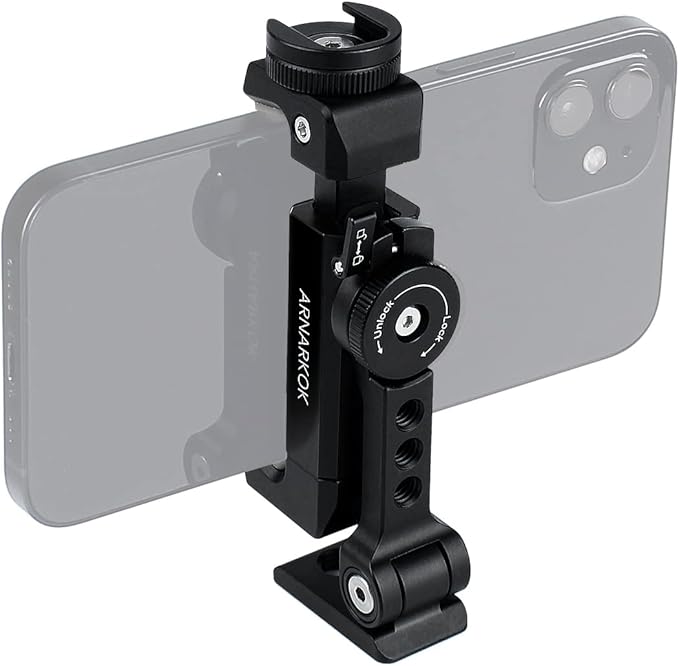 Metal Phone Tripod Mount w Rotatable Cold Shoe for Micphone Easy Use,Compatible with iPhone Tripod Adapter, Cell Phone Mount Holder,Hot Video Creater Vlogging Rig