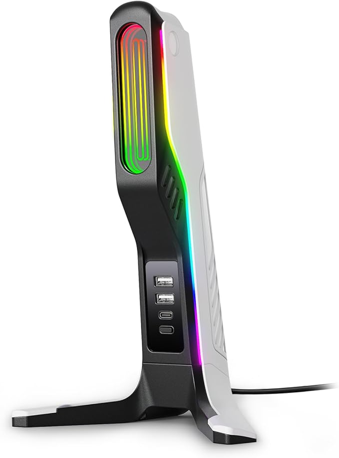 RGB Gaming Headset Stand with 2 USB and 1 Type-C Ports, Game Headphone Mount for PC Computer, Xbox One, Xbox Series S/X, PS5, PS4, Earphone Holder Hanger, Desk Gamer Accessories, Black&White