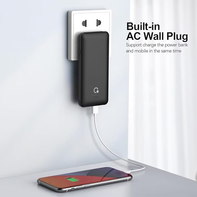 Q 10000mAh Power Bank, Slim Portable Charger,4 Output External Battery Pack with Built-in AC Wall Plug Micro USB C 3 Cables Compatible with iPhone Samsung Android Phone Tablet and More