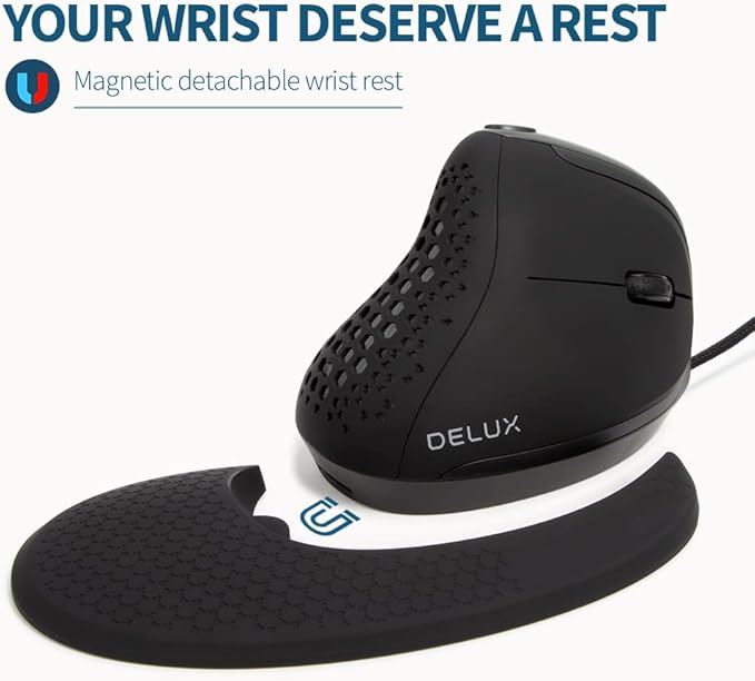 DeLUX Seeker Wired Ergonomic Vertical Mouse with Thumb Wheel, Optical Computer Mouse with 6 Programmable Buttons, 4000 DPI, RGB Backlight, Removable Wrist Rest for Carpal Tunnel (M618XSU-Black)