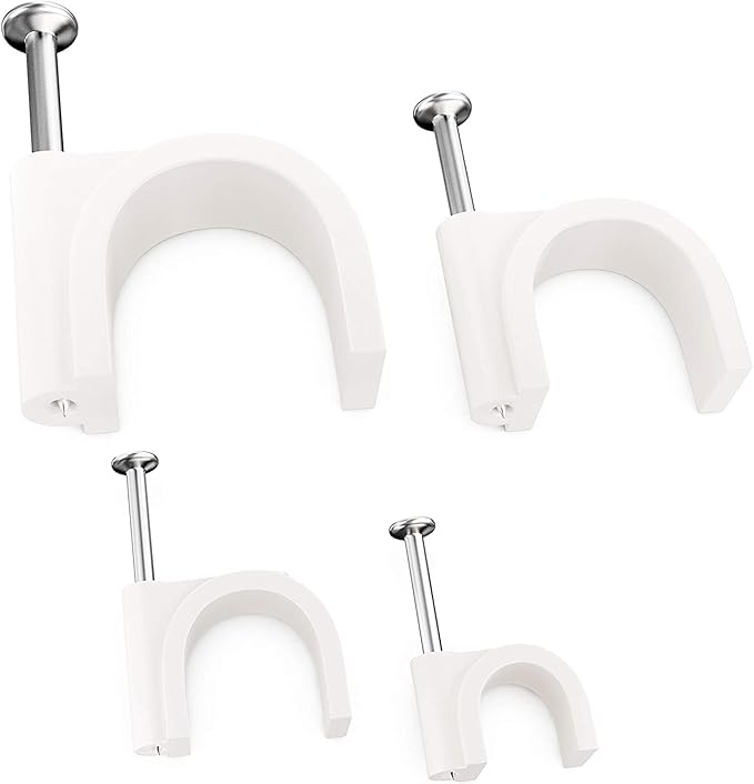 Pro-Grade, Cable Clips with Steel Nails 6mm, 8mm, 10mm, 12mm Size Wire Holders and Tacks 100 Each. Durable, UV Resistant Easy Install Plastic Clips Organize Coax, Ethernet, Cat5, Cat6 and Other Cords
