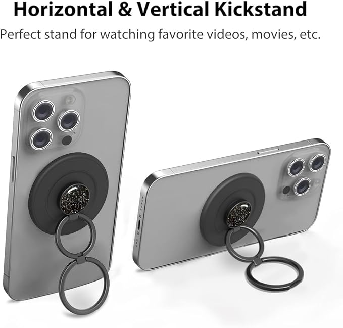 Magnetic Phone Grip Compatible with MagSafe, Magnetic Phone Ring Holder Finger Kickstand Wireless Charging Compatible, Double Cell Phone Rings Gripper Stand for MagSafe iPhone - Sparkle Black