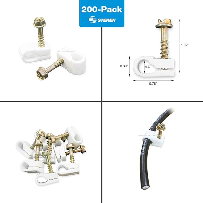 STEREN Coaxial Cable Clips - Cable Holder - Wire Clips - Siding Clips for Hanging - Cord Holder for Desk - Cable Clamps (White, 200 Count - Single Screw)