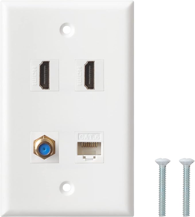 HDMI Coax Ethernet Wall Plate, 2 Port 4K HDMI Keystone, 1 Port Coax Keystone, 1 Port CAT6 Keystone Wall Plate