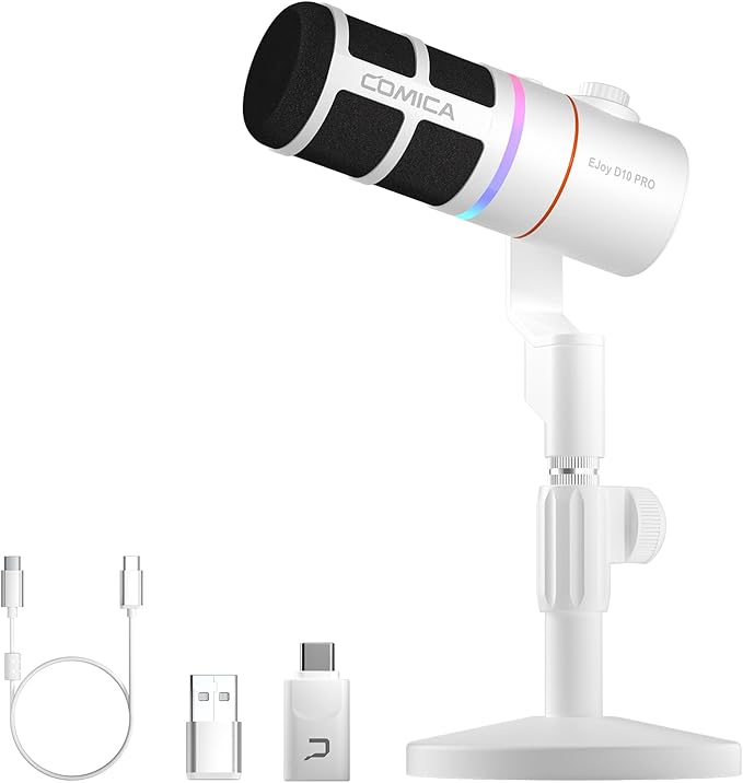 EJoy D10 PRO(D) Wireless USB Gaming Microphone – RGB Dynamic Mic with Wired/Wireless Modes, XLR/USB-C, Real-Time Monitoring, 45H Battery, Studio Mic for Gaming, Streaming, Podcast, Recording (White)