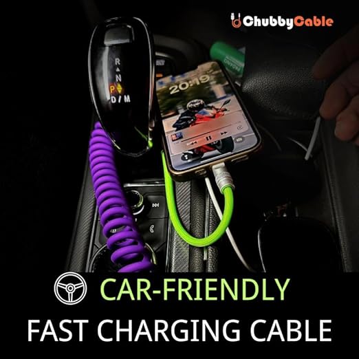 chubbycable Colorblock Chubby - Spring Braided Silicone Charge Cable Coiled USB C Cable Fast Charging Type C Charger Cord for Car, Purple+Green, USB-A to Type-C, 2.29FT-3.6FT