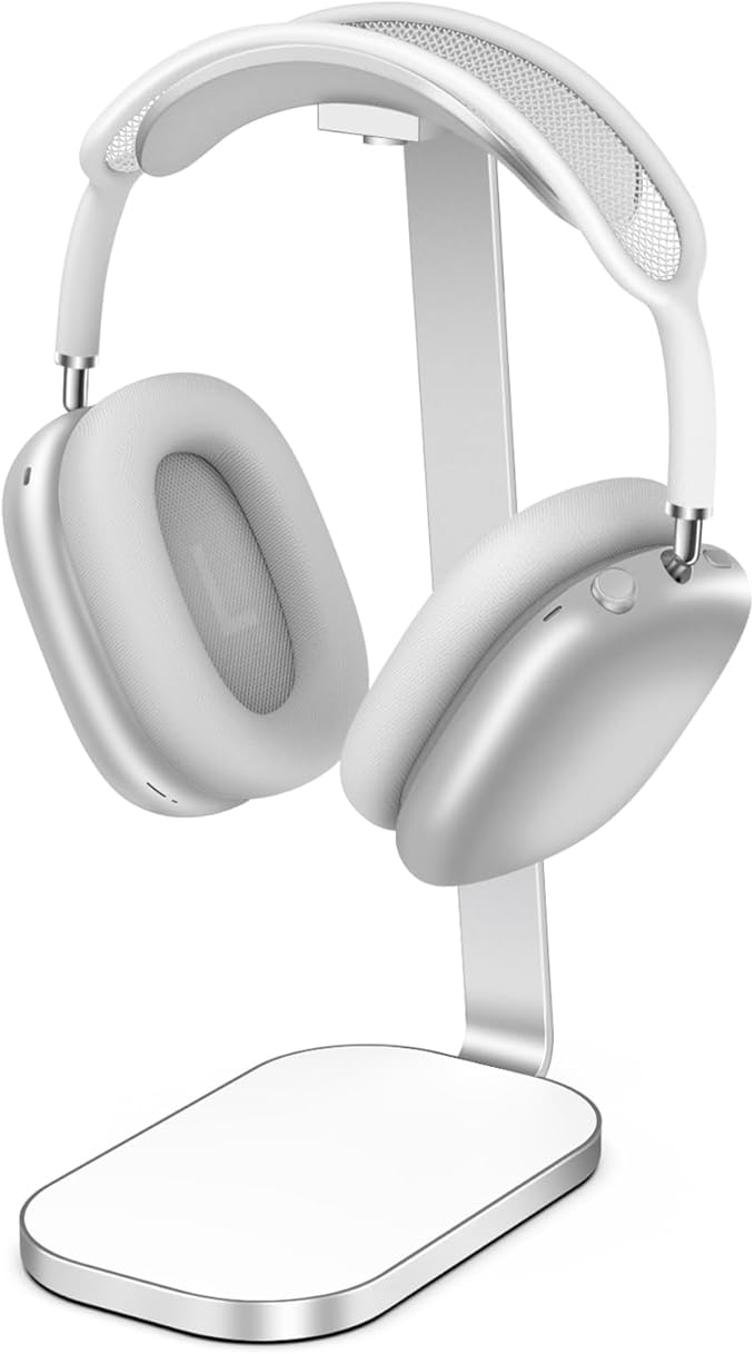 VICHYIE Headphone Stand for AirPods Max, Headset Holder with Aluminum Supporting Rod, Heavy Base Desk Stand Headphones Support Accessory for All Headphones - Silver White
