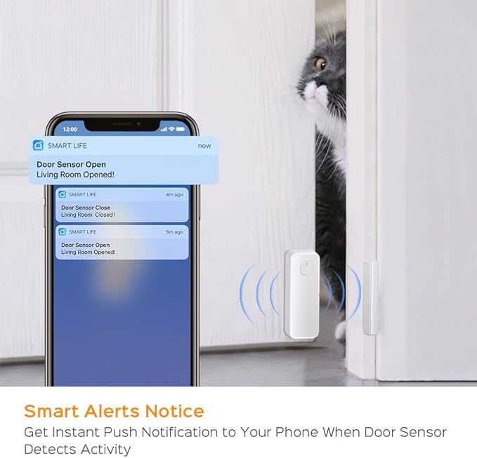 EVERSECU Tuya Smart WiFi Door Sensor Open / Close Detector App Notification Battery Operated, Compatible with Amazon Alexa, Google Assistant, No Need Hub