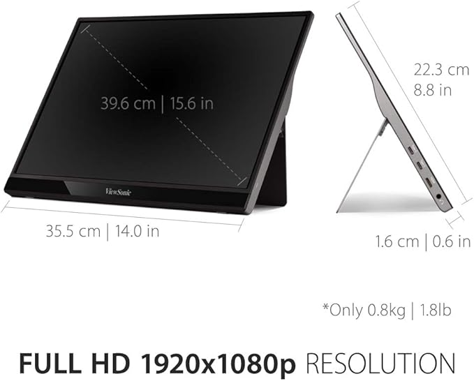 ViewSonic VG1655 15.6 Inch 1080p Portable Monitor with 2 Way Powered 60W USB C, IPS, Eye Care, Dual Speakers, Built-in Stand with Magnetic Cover