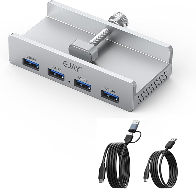 USB HUB3.0,Clamp USB HUB,Aluminum 4-Port USB Adapter with Extra Power Supply Port and 2pcs Long Cable(59inches Data & 39inches Power Cables) for iMac,Laptop,MacBook Pro,Dell,Xbox,HDD/U Disk etc