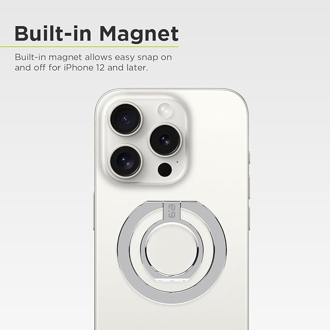 PureGear Magnetic Phone Grip Ring Stand, Magnetic Phone Ring Holder for MagSafe iPhone 16, 16Pro, 16Plus, 16ProMax, 15, 15Plus, 14, 14Pro, 14Pro Max, 13, 12, Adjustable Kickstand (Chrome Silver)
