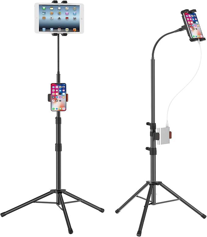 Tripod Stand for Ipad,Gooseneck 65-inch Floor Stand for Tablet,Floor Stand for iPad Tripod with 360° Rotating Mount for Mini, Air, Pro and All 4.7-11.9 Inch Tablet and Phone