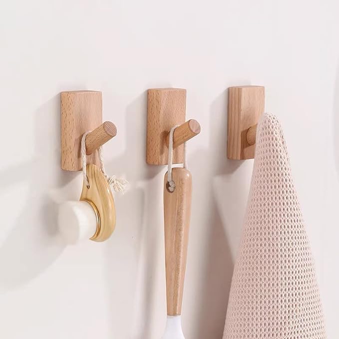 HomeDo 8Pack Adhesive Wall Hooks Hat Rack, Wooden Coat Hooks Wall Mounted, Decorative Single Organizer Hat Hanger Towel Rack, Heavy Duty Hooks (Rectangle-Beech,8P)