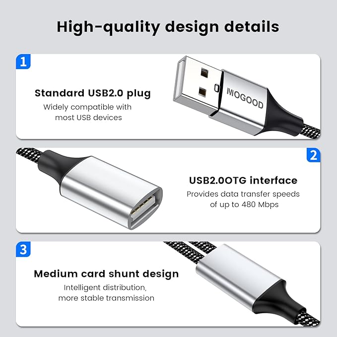 USB Extension Cable,USB A Male to 2 Female Extension Cord Durable USB Splitter Cable Nylon Braided Fast Data Transfer Compatible with Printer, USB Keyboard, Flash Drive, Hard Drive, PlayStation