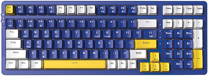 Wireless Mechanical Keyboard, Triple Mode 2.4G/USB-C/BT Gaming Keyboards 100 Keys Ice-Blue Backlit, Brown Switch Keyboard | Rechargeable Mechanical Gaming Keyboards | Blue/White/Yellow