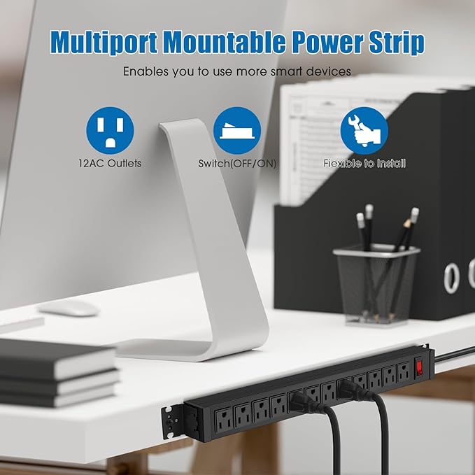 HHSOET Rotating Mountable Power Strip, 12 Outlet Wall Mount Surge Protector, Metal Heavy Duty and Versatile Outlet Strip, Stylish Appearance, Sturdy and Durable, 50ft Power Cord.(Black)