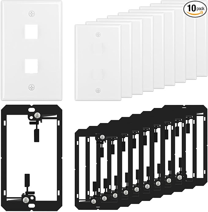 FGB 2-Port Keystone Wall Plate, with Low Voltage Mounting Bracket, with Single Gang Decorator Wall for RJ45, HDMI, and Coax Keystone Inserts, White, 10-Pack