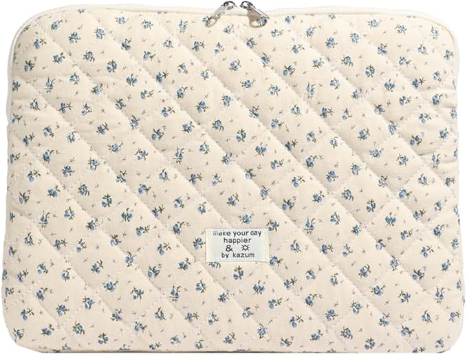 Puffy Laptop Sleeve 13-15.6 Inch Cute Quilted Laptop Protective Case Padded Floral Computer Sleeve for MacBook (A-Blue, 13 Inch)