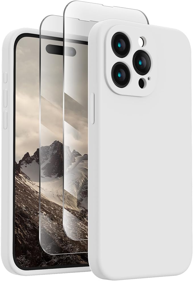 FireNova Designed for iPhone 15 Pro Case, Silicone Upgraded [Camera Protection] Phone Case with [2 Screen Protectors], Soft Anti-Scratch Microfiber Lining Inside, 6.1 inch, White