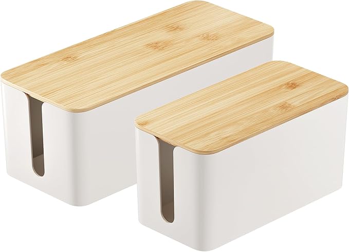 DELAMU 2 Pack Cable Management Box, Safe ABS Wood Grain Desk Medium and Small Cord Organizer, Baby Pet Proof Lock Cord Box Hider for USB Hub TV Wires Computer Desks and Power Strips