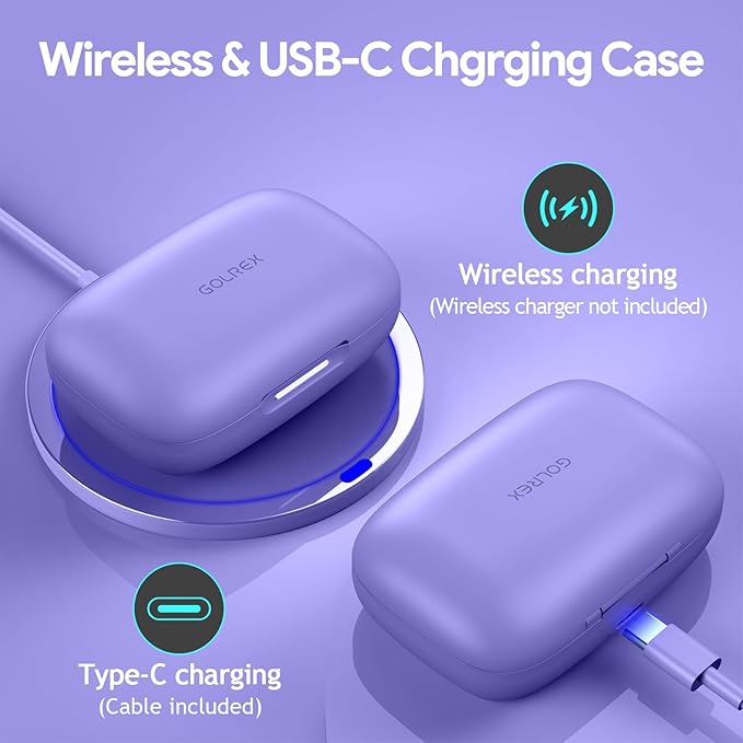 GOLREX Active Noise Cancelling Ear Buds Wireless Earbuds Bluetooth Headphones with 80H Playtime LED Display Wireless Charging Case, Over-Ear Hooks Earbud for Sports Running Gym Workout Purple
