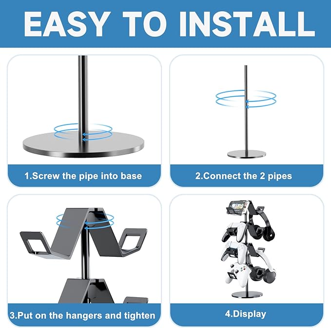 Controller Holder 4 Tier,Headphone Stand - Adjustable Headset Holder for Xbox PS5 PS4 Switch Pro - Gaming Storage for Universal Game Accessories,Desk/Floor(Black)