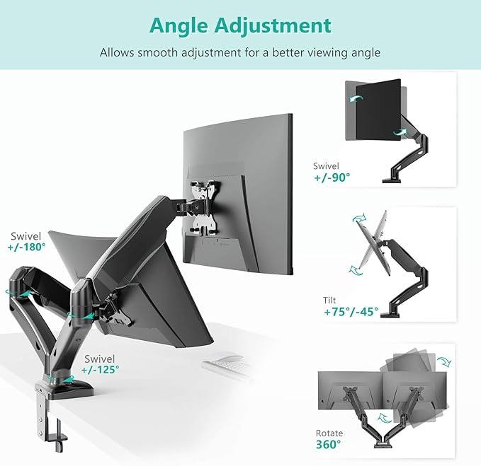 WALI Dual Monitor Mount, Monitor Arms for 2 Monitors Fully Adjustable Gas Spring Desk Mount Swivel Mounting Holes Bracket with C Clamp, Grommet Base for Display Up to 32 Inch 19.8lbs (GSMP002), Black